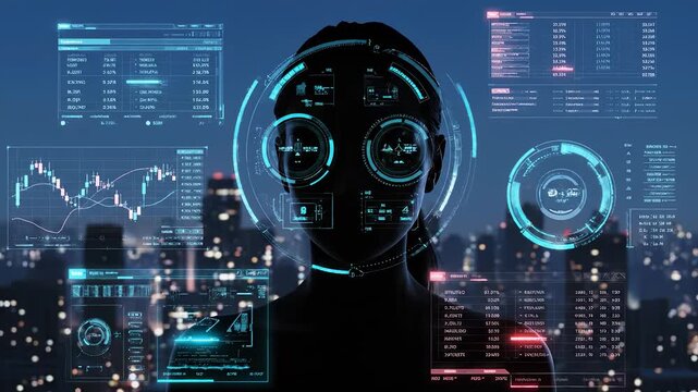 Silhouette person with digital interface. Night skyline visible behind figure. Futuristic overlays show technology data finance investment analysis. Augmented displays hint artificial intelligence. - Powered by Adobe