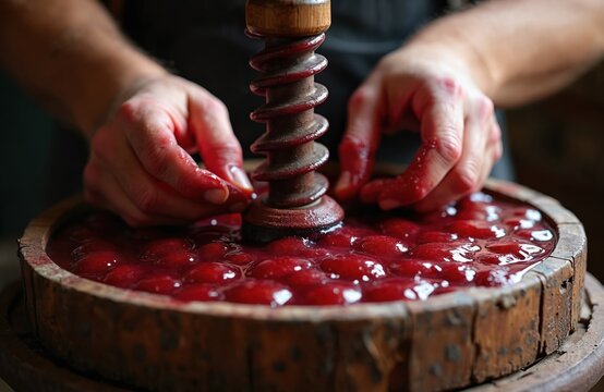 Person uses old wooden winepress to extract juice from grapes. Red must fills basin, screw mechanism applies pressure for wine production. Traditional grape harvest.