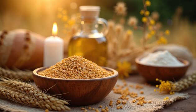 Grain harvest still life with candle light oil and bread ingredients. Wheat stalks and flour on table with yellow seeds in wooden bowl. Golden hour farm produce for baking.