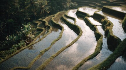 Beautiful landscape of a rice terraced field. the terraced fields are arranged in neat rows, creating a maze-like pattern.