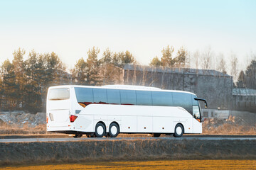 Large commercial bus on busy street
