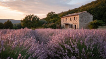 Naklejka premium Beautiful landscape of a lavender field at sunset. the field is filled with tall, purple flowers that are in full bloom, creating a stunning display of color.