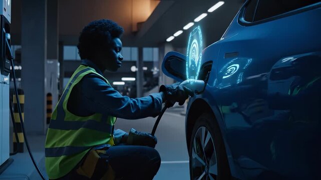Charging electric car in parking garage. Worker connects charger to ev vehicle. Cable plugs into side of car near wheel. High visibility vest indicates technician at work. Display shows charge level.