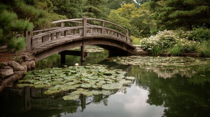 Fototapeta premium The image is of a wooden bridge over a pond with lily pads. the bridge is made of light-colored wood and has a curved arch with railings on either side.