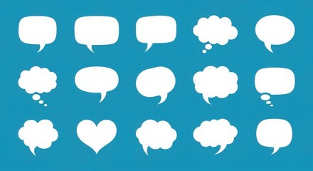 Collection of diverse white speech bubbles and thought bubbles with blue background illustration