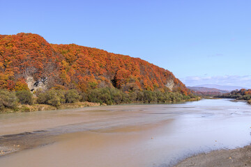 北海道平取町、沙流川沿いの紅葉【10月】