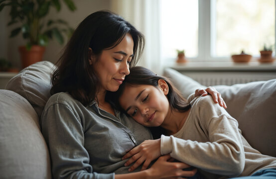 Loving mother gently hugs young daughter on cozy living room sofa at home. Share tender, supportive moment, strengthening family bond. Parent comforts child indoors, showing deep care, trust,