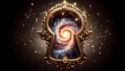 Galaxy in a Keyhole: An Ornate Glassmorphism Portal Framing Swirling Nebulae and Starfields with Gold Filament Details