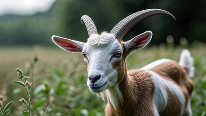 Close-up portrait of a cute young white goat with horns grazing in a grassy meadow