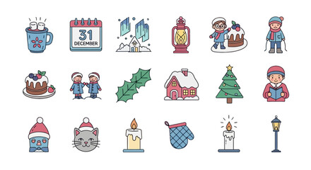 Festive Holiday Icons Embrace Winter's Joy with Colorful Christmas and New Year's Designs