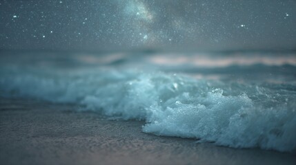Obraz premium Close-up of a beach at night. the sky is filled with stars and the milky way is visible in the top right corner. the water is a deep blue color and the waves are crashing onto the shore.