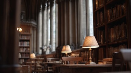 Fototapeta premium Dimly lit room with a large window on the right side. the room is filled with bookshelves and there are several wooden tables and chairs scattered throughout.