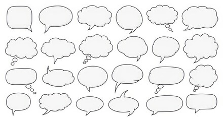 Collection of hand-drawn speech bubbles and thought clouds for creative expression and communication design illustration