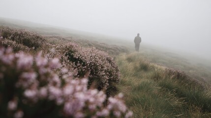 Obraz premium Person walking on a hill covered in a thick fog. the person is silhouetted against the fog, and they are walking towards the right side of the image.