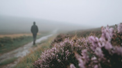 Obraz premium Person walking on a foggy path in the middle of a field. the person is silhouetted against the fog, and their body is facing away from the camera.