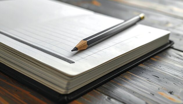 A close-up shot of a notebook with a pencil resting on its opened pages