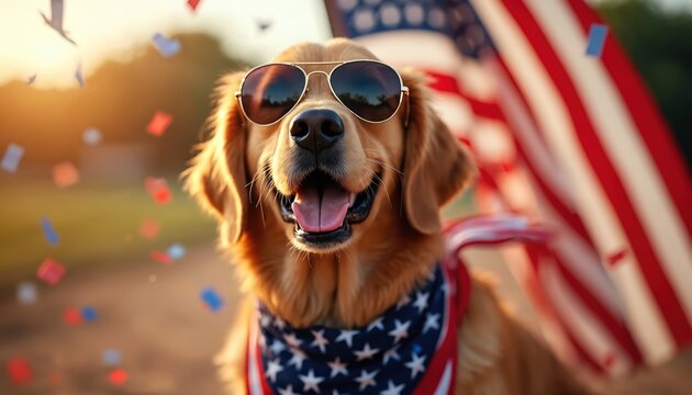 Golden retriever dog wears sunglasses and bandana celebrating with American flag. Confetti falls around happy pet during patriotic outdoor event. This furry friend embodies national pride and freedom.