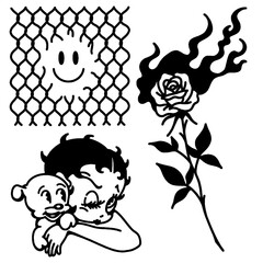 Street pop tattoo set: fence smile, flaming rose, cartoon