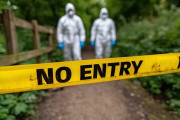 No Entry Barrier Tape, Restricting Access to a Natural Outdoor Path, with Two Figures in Protective Hazmat Suits Overseeing the Scene, Public Safety