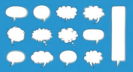 Fototapeta premium Collection of white comic book speech bubbles and text boxes with tails on a blue background illustration