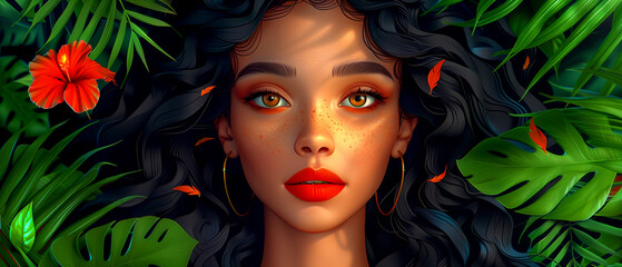 A woman with red lipstick and green eyes is surrounded by green leaves