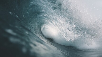 Close-up of a wave breaking in the ocean. the wave is large and powerful, with a deep blue color and white foam. the water is choppy and turbulent, with small waves crashing against the shore.