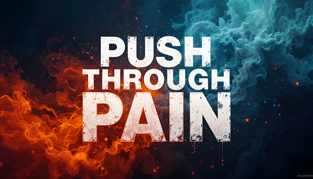 Striking visual with the motivational quote push through pain in bold white distressed letters, set against a dramatic backdrop of fiery orange and cool blue smoke or clouds, representing intense effo - Powered by Adobe