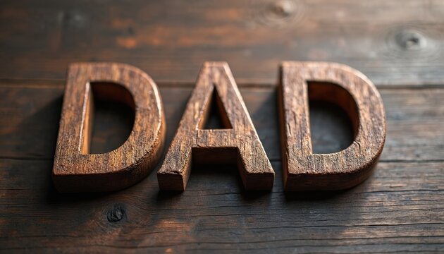 Wooden block letters spell DAD on rustic dark wood surface. Image represents fatherhood, family, love, celebration for paternal figures. Conveys tradition, respect, deep appreciation for fathers.