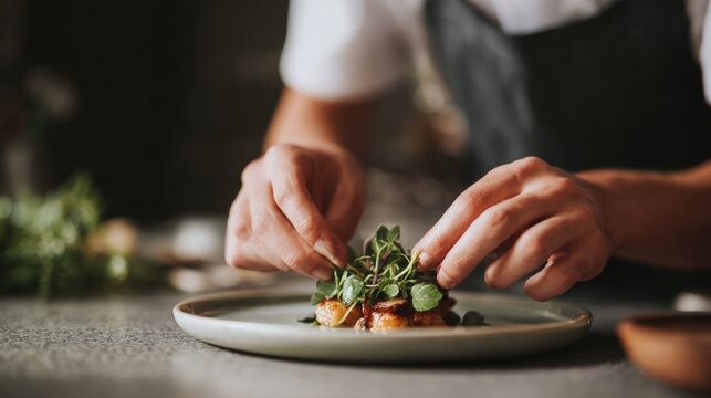Chef's hands preparing a dish on a white plate. the chef is wearing a black apron and is holding a small amount of green leafy vegetables in their hands.