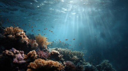 Fototapeta premium Underwater photograph of a coral reef. the water is a deep blue color and the sunlight is shining through the water, creating a bright light that illuminates the scene.