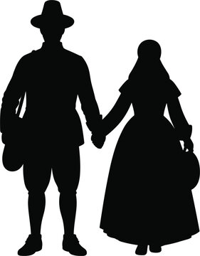 Pilgrim Couple Silhouette Vector - Colonial Man and Woman Historical Icon