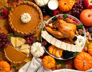 Thanksgiving feast with turkey, pumpkin pie, and autumn decorations.