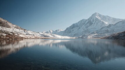 Landscape photograph of a mountain range with a lake in the foreground. the mountains are covered in snow and the sky is clear and blue.