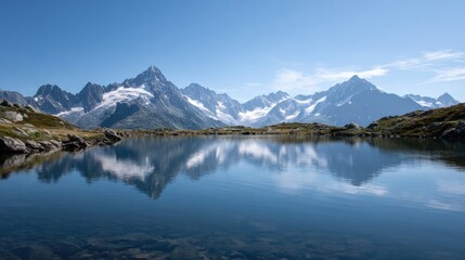 Landscape photograph of a mountain range with a lake in the foreground. the mountains are covered in snow and the sky is blue with a few clouds.