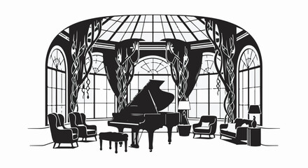 Fototapeta premium Elegant grand piano and seating arranged in a sunlit conservatory with ornate windows