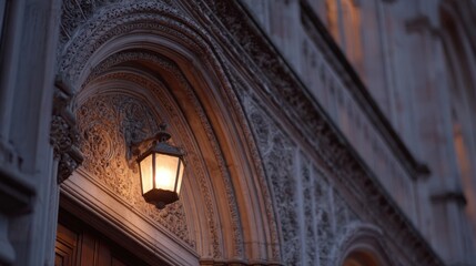 Close-up of an ornate archway on the side of a building. the archway is made of stone and has intricate carvings on it. the light from the lantern is turned on, casting a warm glow on the wall.