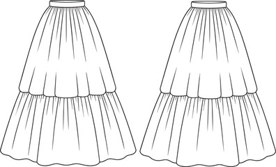 Tiered skirt technical sketch, fashion flat vector, front view, CAD drawing, gathered layers, flared silhouette, waistband detail, sewing pattern, garment design