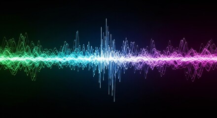 Vibrant rainbow spectrum sound waveform pulsating with energy on a dark background