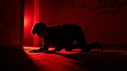 Silhouette of a woman crawling under dramatic red emergency light - Powered by Adobe