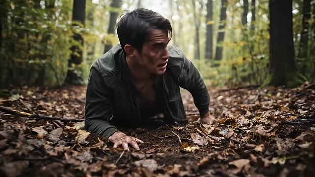 Man Crawling Through Forest Struggle Survival Concept