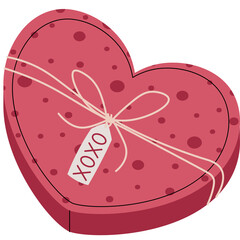 Pink Heart Shaped Box of Chocolates Tied With Ribbon Featuring XOXO Tag and Dark Spots Detailed With Textured Pattern Perfect For Valentine's Day Celebration