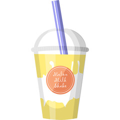 A yellow milkshake with a purple straw in a clear plastic cup with a white and grey lid on a transparent background with a circular label on the cup