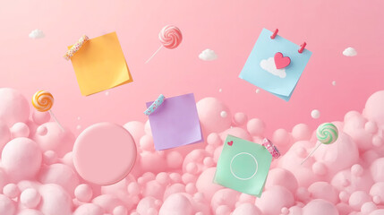 Colorful 3D sticky notes, lollipops, pastel candy style. Pink dreamy clouds. Cute kawaii design. Soft gradient, sweet minimal aesthetic, creative digital art. For planner, notes, social media template