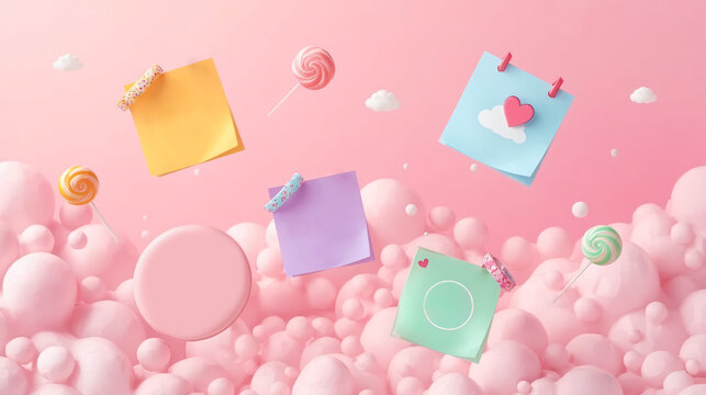 Colorful 3D sticky notes, lollipops, pastel candy style. Pink dreamy clouds. Cute kawaii design. Soft gradient, sweet minimal aesthetic, creative digital art. For planner, notes, social media template