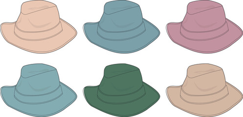 A vibrant illustration set of diverse wide-brimmed hats in various pastel and earthy colors, depicting stylish headwear perfect for summer fashion, travel, and outdoor adventure themes