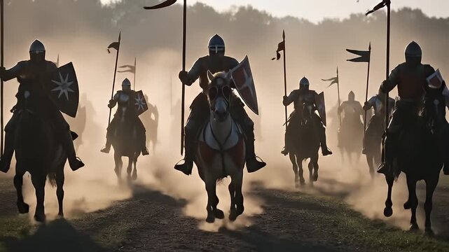 Knights Templar riding through dusty field. 4K Video