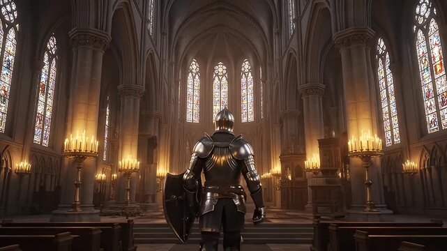 Knight in Armor Standing in Grand Cathedral