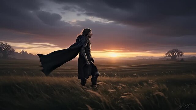 Knights templar walking through meadow at sunset. 4K Video