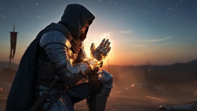Praying Knights Templar on a Battlefield at Sunset. 4K Video
