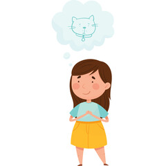 A young girl with brown hair wearing a blue shirt and yellow skirt is dreaming of a cat while standing against a white background with a thought bubble above her head.
